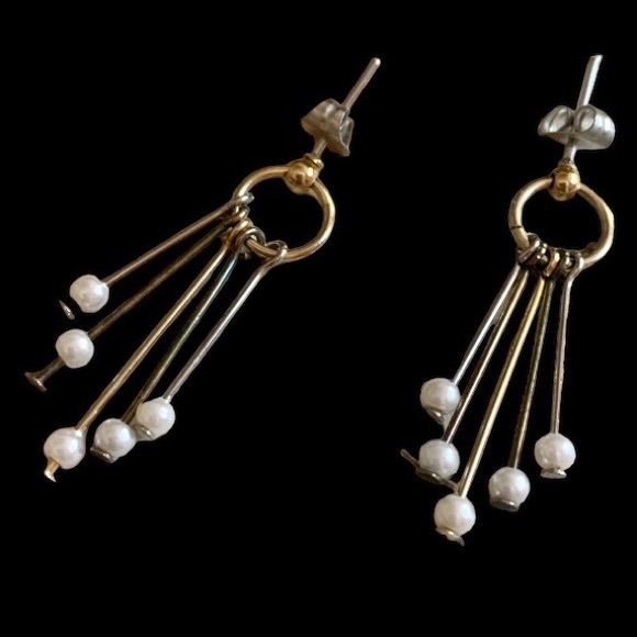 Vintage Two Tone Silver Gold Tone Faux Pearl Dangle Post Earrings - Picture 3 of 5